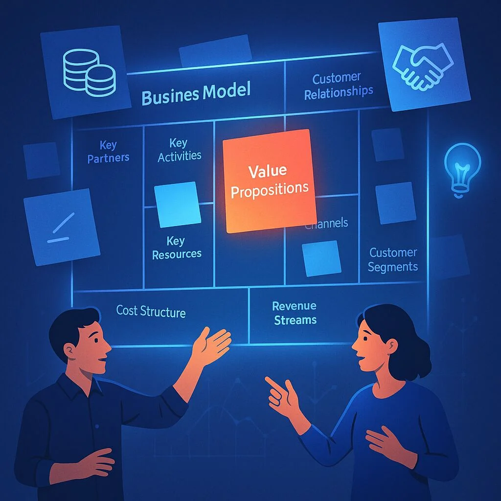 Business Model Canvas with sticky notes and value propositions