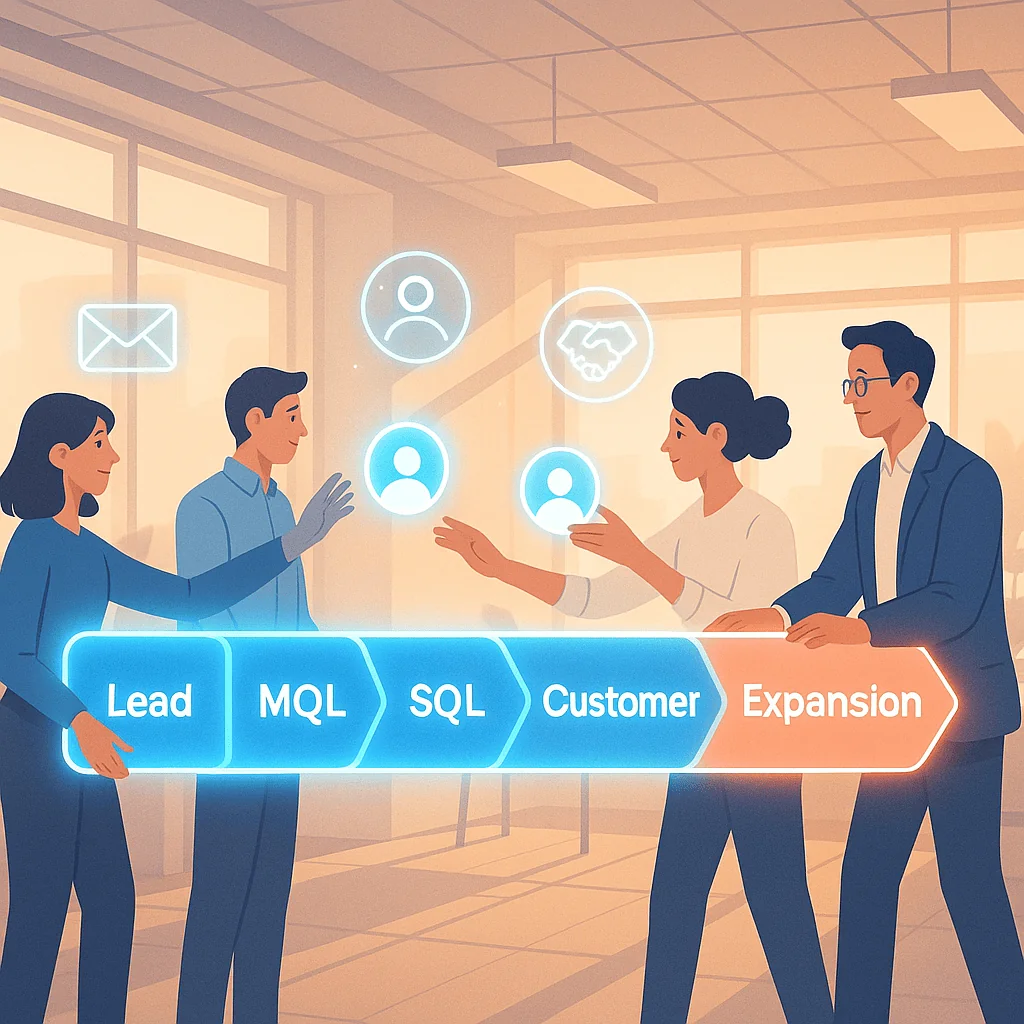 Glowing CRM pipeline with lead stages from MQL to expansion