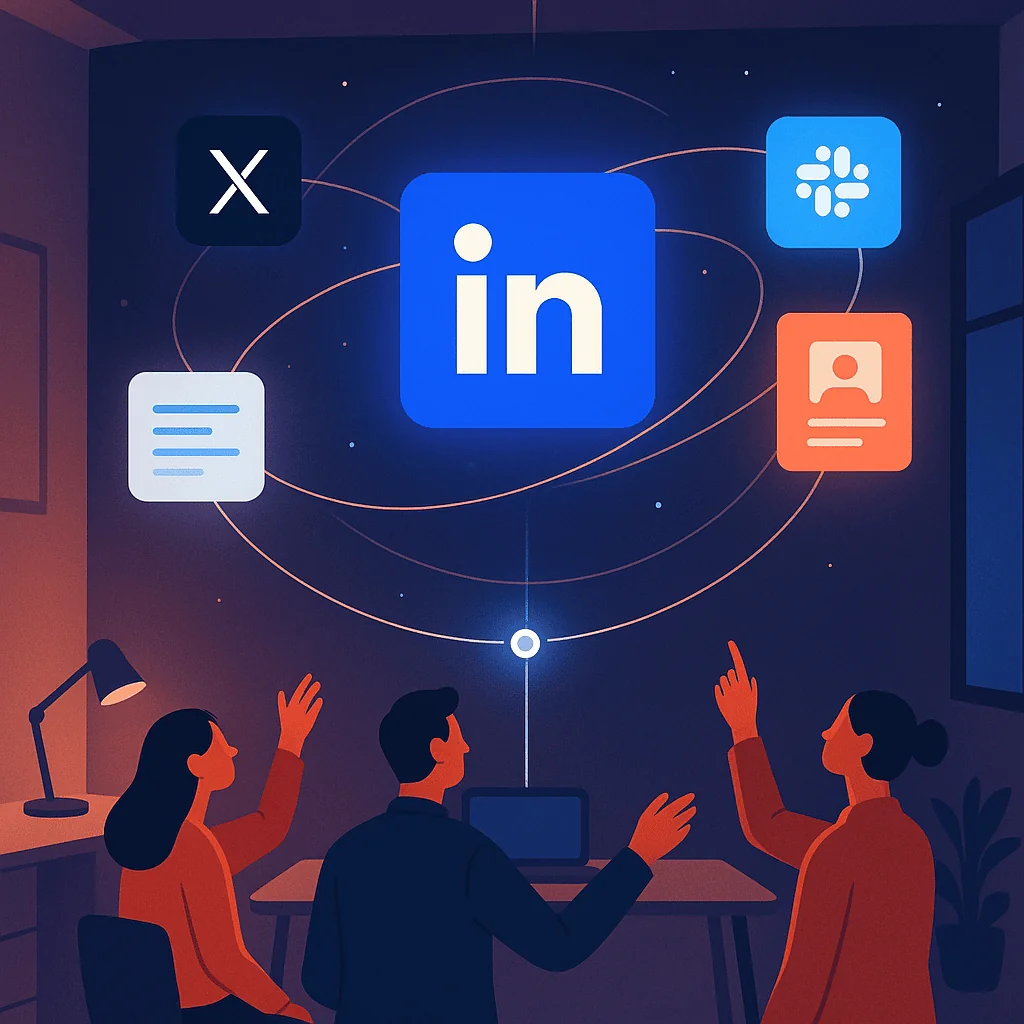 Digital workspace with social platforms and collaboration tools orbiting around LinkedIn