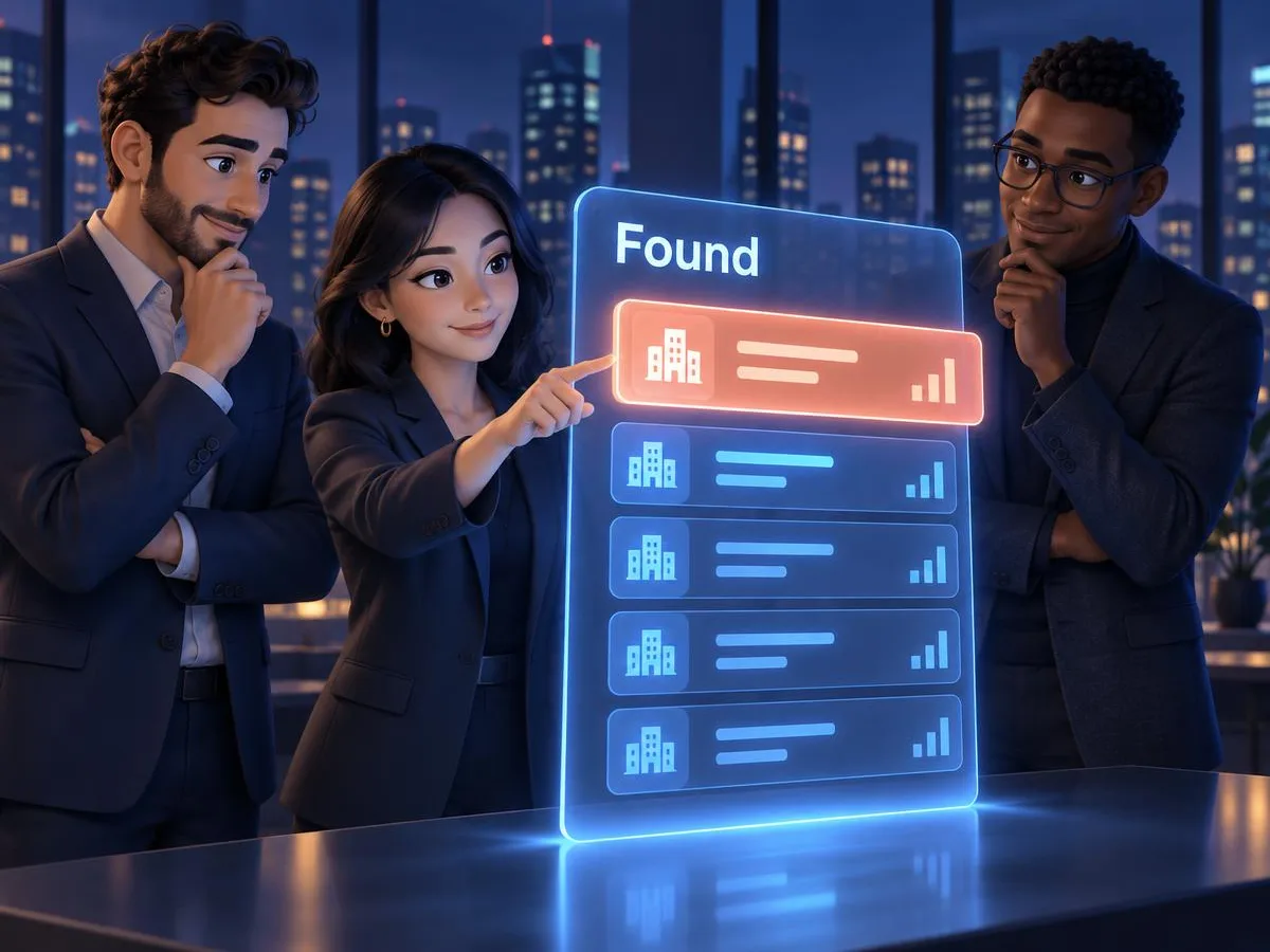 Team reviewing a shortlist of companies on a glowing screen, with one company picked first.