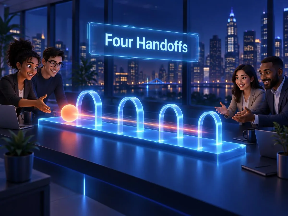 Marketing and sales teams watching a buyer move through four handoffs, from found to moving.
