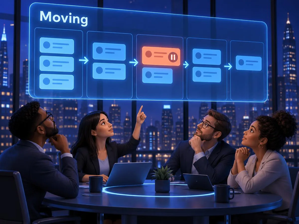 Team reviewing deals moving across sales stages, with one stalled deal flagged.