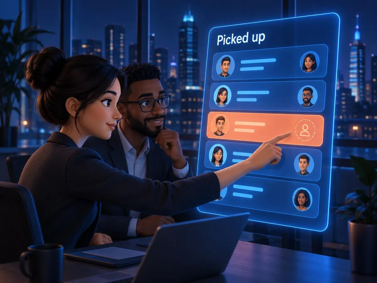Team assigning an owner to each new contact on a glowing CRM screen.